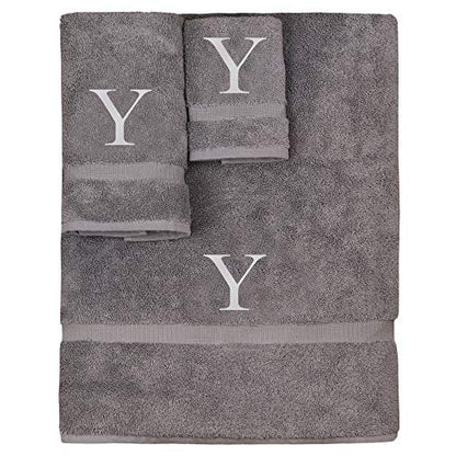 Monogrammed Towel Set, Personalized Gift, Set of 3- Silver Block Letter Embroidered Towel - Extra Absorbent 100% Turkish Cotton - Soft Terry Finish - Initial Y Gray - color: Gray & Silver, size: Initial - Y