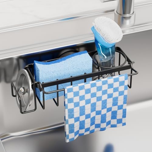 TAILI 4-in-1 Sink Caddy for Kitchen Sink with Strong Suction Cup-Black | Removable Sponge Holder for Kitchen Sink Organizer, Rustproof 304 Stainless Steel Holder for Sponge, Brush, Scrubber, Scraper - color: Black, size: 7.28" x 2.36"