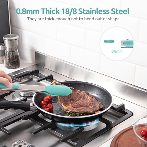 U-Taste 600℉ Heat Resistant BPA Free Non Stick Firm Cooking Tongs (Set of 2), and 600℉ Heat Proof BPA-Free Solid/Slotted Sturdy Cooking Utensil for Non Stick Cookware (Set of 5), Aqua Sky
