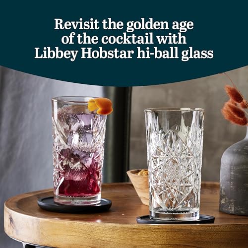 Libbey Hobstar Cooler Glasses, Cut Glass Drinking Glasses Set of 4, Hi-Ball Textured Drinking Glasses, 16 oz Cocktail Glass Set for Soda, Mixed Drinks - color: Hobstar Cooler