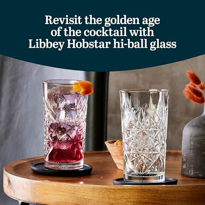 Libbey Hobstar Cooler Glasses, Cut Glass Drinking Glasses Set of 4, Hi-Ball Textured Drinking Glasses, 16 oz Cocktail Glass Set for Soda, Mixed Drinks - color: Hobstar Cooler