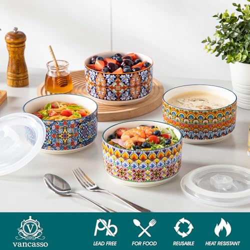 vancasso SIMI 36 oz Ceramic Bowls with Lids Set of 4,Bohemian Serving Bowl | 6 Inch Food Storage Containers Prep Bowls for Leftovers, Soup, Cereal, Meal Prep, Office Lunch, Microwave & Dishwasher Safe - size: 36 OZ (Set of 4)