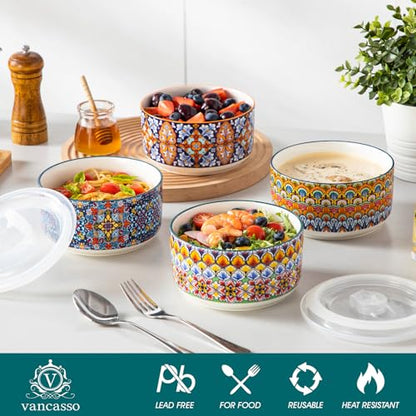 vancasso SIMI 36 oz Ceramic Bowls with Lids Set of 4,Bohemian Serving Bowl | 6 Inch Food Storage Containers Prep Bowls for Leftovers, Soup, Cereal, Meal Prep, Office Lunch, Microwave & Dishwasher Safe - size: 36 OZ (Set of 4)