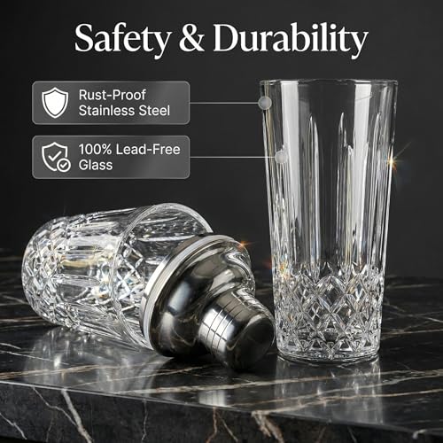Cut Crystal Glass Cocktail Shaker - 15oz Lead-Free Crystal Shaker with Steel Strainer Lid - Premium Barware for Home Bartenders - Ideal for Mocktail, Espresso, Margarita, Martini Cocktails - color: Vertical Cut