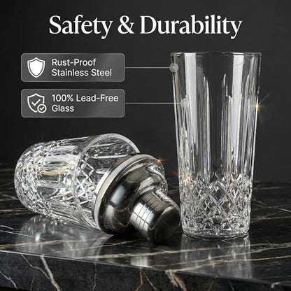 Cut Crystal Glass Cocktail Shaker - 15oz Lead-Free Crystal Shaker with Steel Strainer Lid - Premium Barware for Home Bartenders - Ideal for Mocktail, Espresso, Margarita, Martini Cocktails - color: Vertical Cut