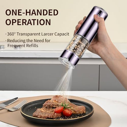 Electric Rechargeable Salt and Pepper Grinder Set - Automatic Grinder, External Adjustable Coarseness, LED Light, One-Hand Operation, Stainless Steel & Acrylic, USB Charging, Purple (Set of 2) - size: Dark Purple