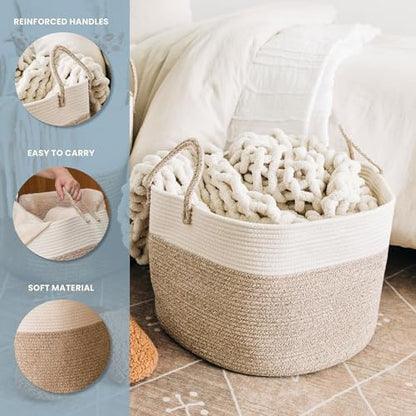 OrganiHaus Round Toy Basket & Blanket Basket, Cotton Rope 20x13" | Brown / Off-White - Round Cotton Rope Basket, 20x13" - color: Brown / Off-White, size: Wide