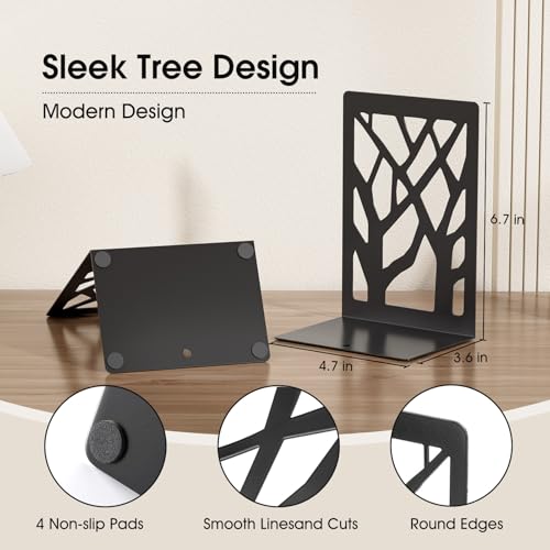MaxGear Book Ends Tree Design Bookends for Shelves 7 x 4.7 x 3.5” 2 Pair | Metal Constructio,Heavy Duty,Non-Skid Pads,Scratch Resistant,Stable Support,Space Saving,4 Pieces,Bookcase Desktop Use - size: 2 Pairs