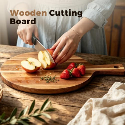2 Pcs Acacia Wood Cutting Board Set with Handle, Round & Rectangular Wooden Cutting Boards, Charcuterie Board, Chopping Board Set with Hanging Design, Serving Tray for Cheese Meat Pizza