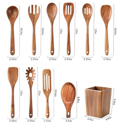 Wooden Spoons for Cooking, 11 Pcs Wood Cooking Utensils Set with Holder, Natural Acacia Wooden Kitchen Tools, Nonstick Cookware, Easy Clean, Kitchen Utensil Set for Mom, Wife Cooking Gifts - style: 11Pcs Set