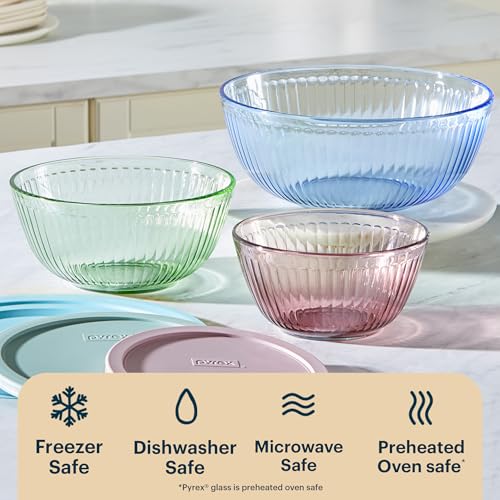 Pyrex Colors (3-Pack) Sculpted Tinted Glass Mixing Bowls with Plastic Lids - color: Pink, Green, Blue, size: 3 Pack, Small/Medium/Large, With Lids