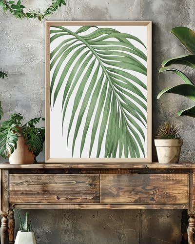 UPWOIGH Sage Green Botanical Framed Wall Art, 12 x 16 Inch, Set of 3 | Watercolor Leaf, Palm and Fern Prints, Sage Green Botanical Design, Light Wood Frames for Bedroom, Office and Gallery Wall - color: Green MDF