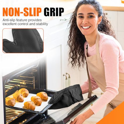 Silicone Oven Mitts, Heat Resistant 2PCS Oven Mitts with Soft Cotton Lining, Waterproof Non-Slip Grip Oven Glove, Kitchen Potholder Mits for BBQ, Baking, Cooking, 10.5Inch - Dark Black - color: Dark Black