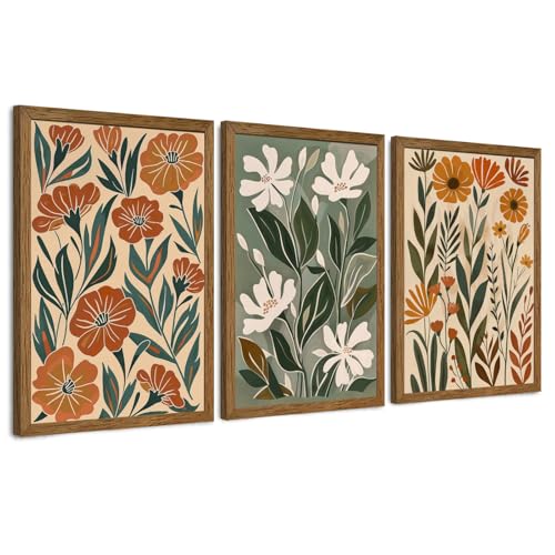 Urmoya 3 Pieces Boho Floral Decor Flower Market Wall Art, 16x24 Inch | Wood framed, Chic green and beige botanical trio, Ready to hang, for living room, Office, or guest bedroom home decor - color: Jasmine, size: 24"L x 16"W