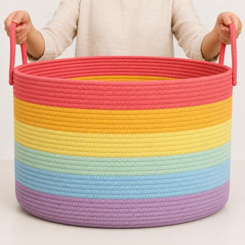 OrganiHaus Rainbow Toy Basket & Blanket Storage Bin, Nursery 20x13" | Rainbow - Round Rainbow Cotton Rope Basket, Nursery 20x13" - color: Rainbow, size: Wide