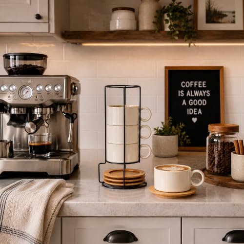LUKA 6 Ounce Porcelain Stackable Espresso Cups with Saucers and Metal Stand Set of 4, Ceramic Cappuccino Cups Set for Specialty Coffee Drinks, Latte, Cafe Mocha and Tea, White Green Interior - color: White-Green