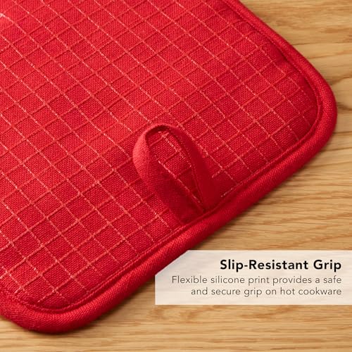 KITCHENAID Gourmet Series Gridlines Pot Holders 2-Pack Set, Heat Resistant up to 600°F, Soft Silicone Grip, Magnetic Cuff, Passion Red, 8"x8" - color: Passion Red