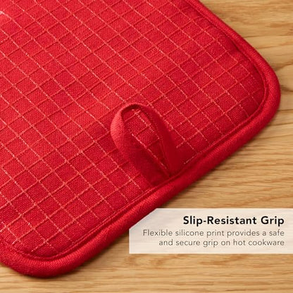 KITCHENAID Gourmet Series Gridlines Pot Holders 2-Pack Set, Heat Resistant up to 600°F, Soft Silicone Grip, Magnetic Cuff, Passion Red, 8"x8" - color: Passion Red