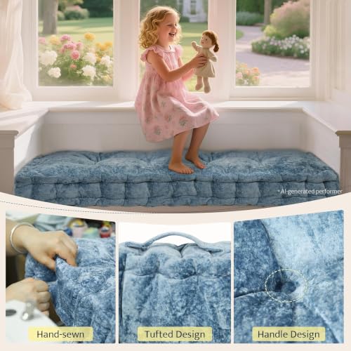 mudilun Custom Bench Cushion Tufted Window Seat Cushions Indoor Custom Color/Size/Ties/Handle Bench Pads 4 Inches Thick