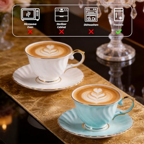 KAMMAK Tea Cups and Saucers Set of 2, Fine Bone China Coffee Cups, GH023 | Stackable Espresso Mugs, Ceramic Demitasse for Coffee, Cappuccino, Latte, Americano, Tea - size: 8KPGH023+24