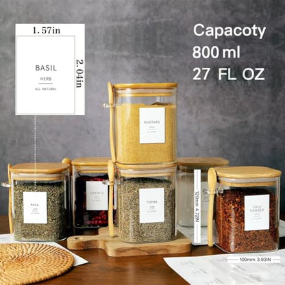 HHMJSM 6 Pcs Square Glass Jar with Bamboo Lid and Spoon - 27 oz Large Sugar Container with 148 Kitchen Pantry Spice Jar Labels Preprinted - Glass Containers with Wooden Lids Hold Coffee, Tea, Candy - color: 27oz