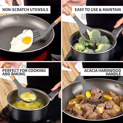 Zulay Kitchen 5 Piece Silicone Utensil Set | Non-Stick Silicone Cooking Utensils Set with Acacia Wood Handles - 464°F Heat Resistance Kitchen Utensils Set - Gray - color: Elegant Grey, size: 5-Piece Set
