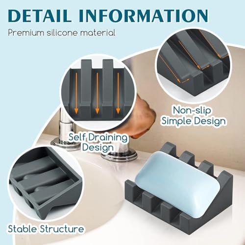 Silicone Soap Dish Self Draining with Suction Cups (Gray, 2 Pack) | Waterfall drainage design drains fast to keep soap dry silicone soap saver with reusable suction cups for bathroom & kitchen - color: Gray, size: 2