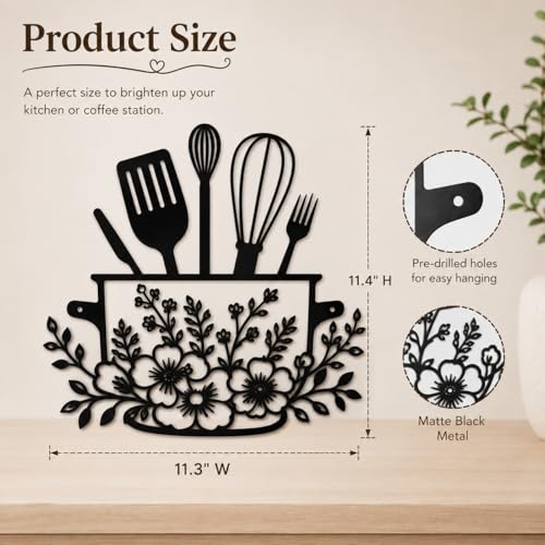 Yoanxong Kitchen Wall Decor Metal Art, Black Farmhouse Kitchen Decor with Floral Utensil Design, Rustic Kitchen Wall Art Hanging Sign for Dining Room, Coffee Bar, Home Decorations