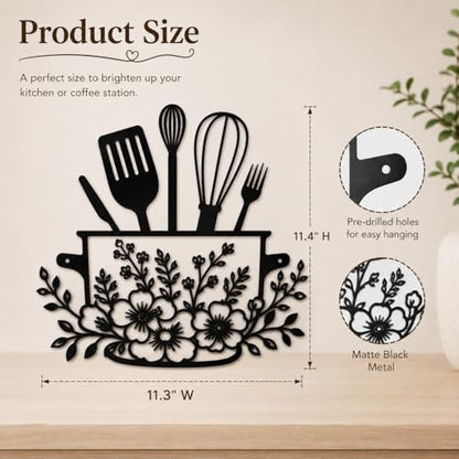 Yoanxong Kitchen Wall Decor Metal Art, Black Farmhouse Kitchen Decor with Floral Utensil Design, Rustic Kitchen Wall Art Hanging Sign for Dining Room, Coffee Bar, Home Decorations
