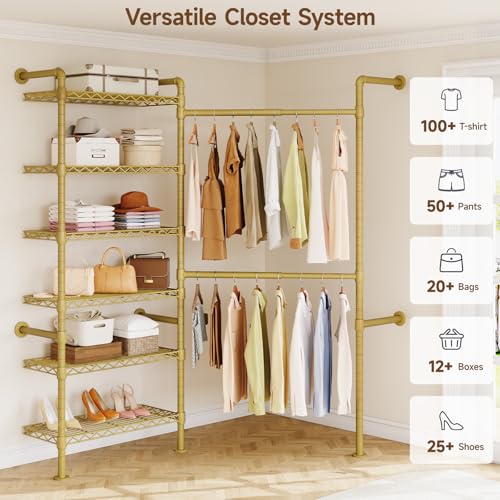 L2 Wall Mounted Closet System, Industrial Pipe Clothing Rack, Gold | Metal Clothes Rack with 2 Telescopic Rods & 6 Shelves, Heavy Duty Closet Organizers for Wardrobe, Reach-in & Walk-in Closets - color: Gold