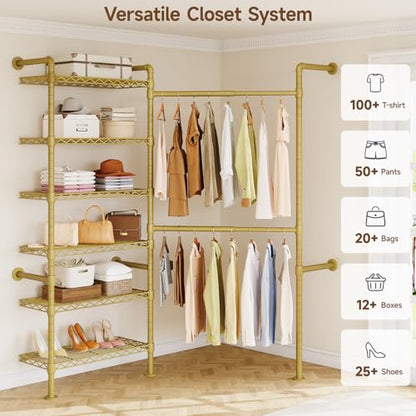 L2 Wall Mounted Closet System, Industrial Pipe Clothing Rack, Gold | Metal Clothes Rack with 2 Telescopic Rods & 6 Shelves, Heavy Duty Closet Organizers for Wardrobe, Reach-in & Walk-in Closets - color: Gold