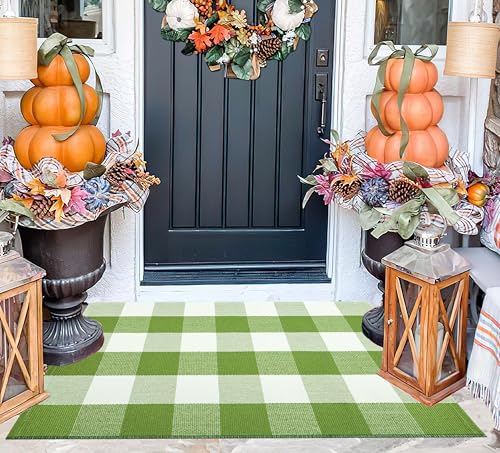 Layered Doormat 24"x35"Green and White Buffalo Plaid Front Porch Mat | Machine Washable Hand-Woven Cotton Layering Rug Farmhouse Entryway Rug For Front Decor - color: Green Buffalo, size: 24''x 35''