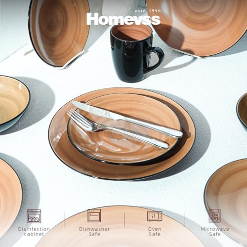 HomeVss, Sonoma 16pc Stoneware Dinnerware Set, Outside Black + Inside Hand Painting Color Mocha - color: Mocha