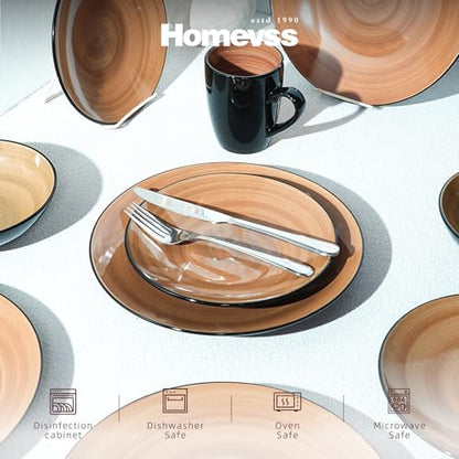 HomeVss, Sonoma 16pc Stoneware Dinnerware Set, Outside Black + Inside Hand Painting Color Mocha - color: Mocha