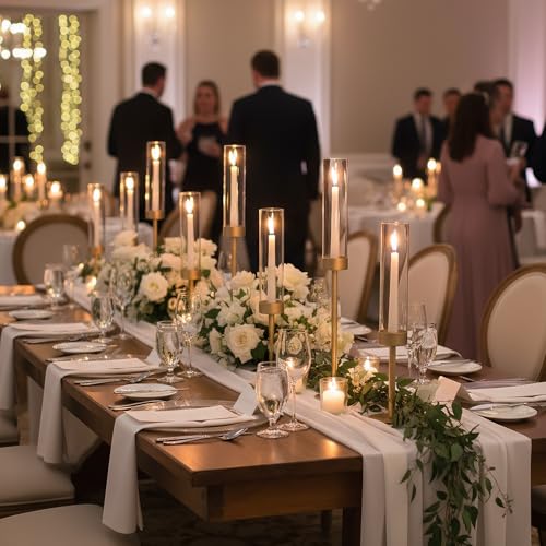 Ronasip Hurricane Candle Holders Set of 3, Matte Gold Metal Taper Candlestick Holders with Clear Glass Chimney Cylinder Tubes, Tall Candle Stands for Wedding, Christmas, Dining Table Centerpiece Decor
