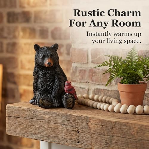The Bridge Collection Black Bear and Cardinal Friend Figurine | Hand Painted Realistic Bear Decor For Cabin, Home or Garden Decor