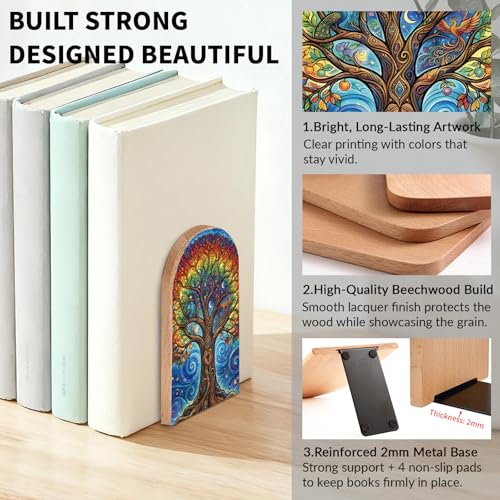 Tree of Life Wooden Bookends, Book Ends for Shelves | 1 Pair 5"x3.15" Decorative Wood Book Supports, Cute Shelf Stoppers for Heavy Books, Office Desk, Study Room & Home Decor - style: Tree of Life