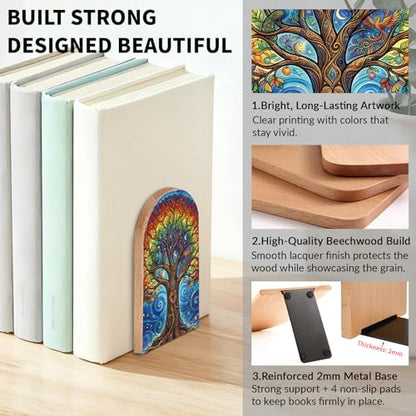 Tree of Life Wooden Bookends, Book Ends for Shelves | 1 Pair 5"x3.15" Decorative Wood Book Supports, Cute Shelf Stoppers for Heavy Books, Office Desk, Study Room & Home Decor - style: Tree of Life