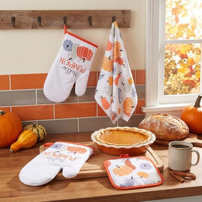 Frienda 6 Pcs Fall Pumpkin Oven Mitts Set for Farmhouse Thanksgiving | Oven Mitts Pot Holders Dish Towels Hello Pumpkin Orange Autumn Kitchen Gift Fall Decor for Farmhouse Autumn Harvest Baking - style: Fall