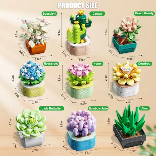 TYCOLE 9 in 1 Tiny Flowers Succulents Artificial Plant Set-Creative Botanical Building Block Toy, Botanical Collection for Office&Home Decor, Birthday Gift for Adults and Kids 8-12(832 PCS)