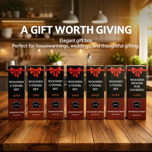 SOOMGYEOL SEOM 9-Piece Teak Wood Cooking Utensil Set with Holder | Natural Teak Wood, Uncoated, 8 Cooking Utensils & Holder, Nonstick Safe - size: 9 PCS Set
