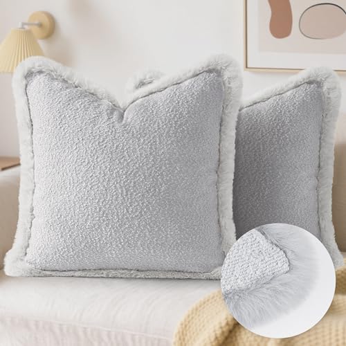 Decorative Luxury Boucle Throw Pillow Covers with Faux Fur 20x20, Set of 2, Modern Plush Pillow Case, Boho Farmhouse Cushion Case for Bed Couch Sofa, Light Gray (Covers Only) - size: 20" x 20" (Pack of 2)