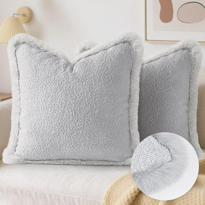 Decorative Luxury Boucle Throw Pillow Covers with Faux Fur 20x20, Set of 2, Modern Plush Pillow Case, Boho Farmhouse Cushion Case for Bed Couch Sofa, Light Gray (Covers Only) - size: 20" x 20" (Pack of 2)