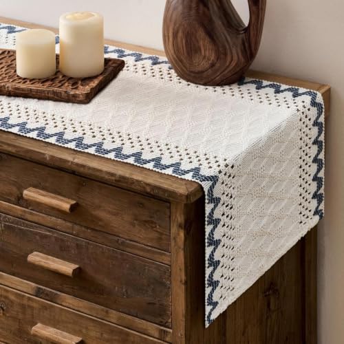 Macrame Side Trim Boho Woven Table Runner, Dusty Blue 12x108 Inch | Crochet Hollow Table Runners 108 Inch Long, Handmade Feel Ivory Cotton Base with Striped Trim, Farmhouse Kitchen Home Decor - color: Dusty Blue, size: 12"x108"