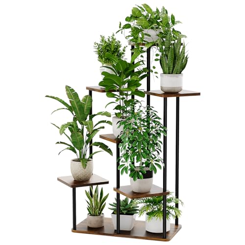 Bamworld Large Plant Stand Indoor Tall Metal Plant Shelf | 7 Tier Flower Stand Window Plant Rack for Patio Garden Balcony Living Room Bedroom Brown - color: Brown Oak, size: 7 Tier