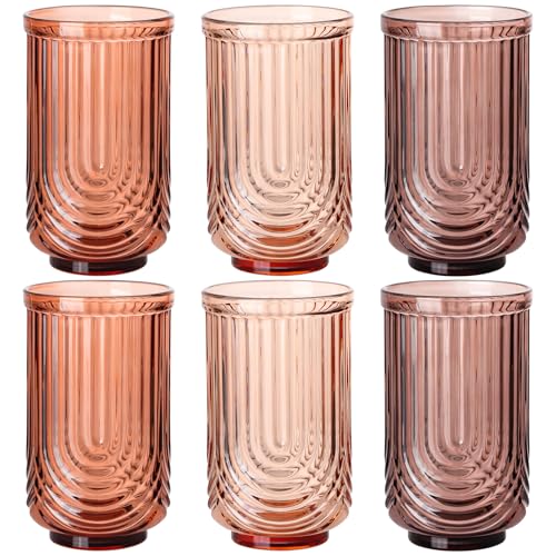 Venus Vintage Drinking Glasses Set of 6-17oz Hand-Blown Highball Ribbed Glassware, Arch Design Cocktail Glasses for Whiskey Water Beverages Ice Coffee Juice Milk - color: Venus, size: 17oz