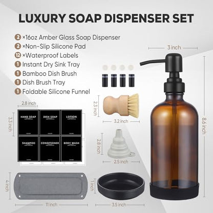 Kitchen Soap Dispenser Set with Instant Dry Tray,16 Oz Hand and Dish Soap Amber Glass Dispenser Set,Stainless Steel Pump,Waterproof Labels&Dish Brush,Luxury Soap Bottle for Kitchen,Bathroom - color: Amber Bottle+black Pump