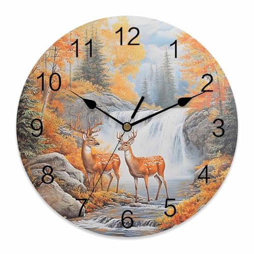 Yukro 10 Inch Deer Wall Clock, Forest Wildlife Rustic Battery Operated Silent Non Ticking Clocks, Easy to Read Round Wall Clock for Kitchen/Living Room/Bedroom/Office - color: Orange, size: 10 Inch