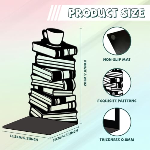 5.3"x4.3"x7.9" Metal Bookends, Heavy Duty Book Ends for Shelves | Book Stacks and Teacup Theme Cast Iron Book Supports, 1 Pair Decor Stoppers for Desk, Library, Office & Home Shelves - style: Book Stacks and Teacup