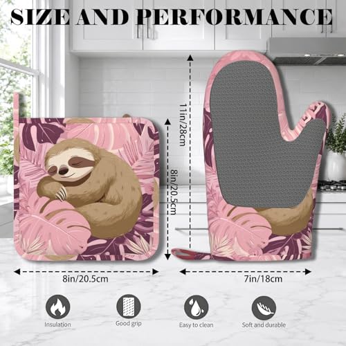 Pink Sloth Heat-Resistant Oven Mitts and Pot Holder Cute Animal Kitchen Non-Slip Silicone Cooking Microwave Gloves for Cooking Baking Grilling - color: Pink Sloth